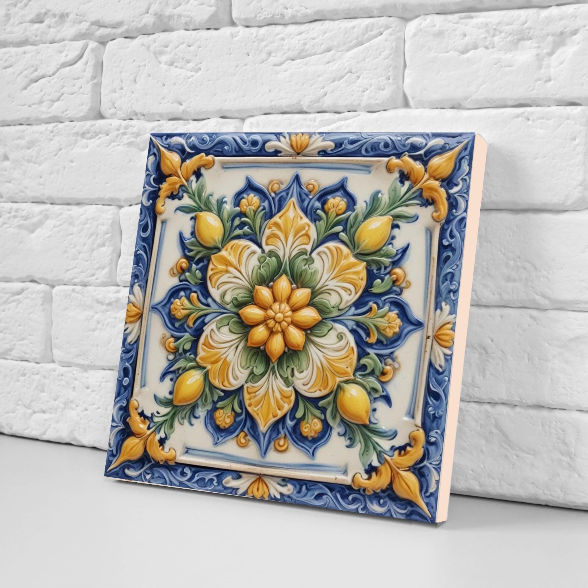 イタリア製マジョリカ陶器タイル：シチリアの花柄壁装飾、2枚セット