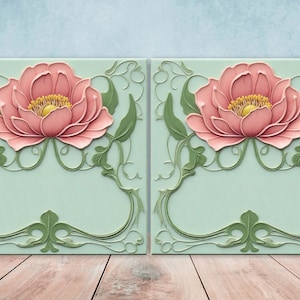 Art Nouveau Tile Rose Flower Ceramic Tiles - Set of 2 Art Nouveau Wall Decor Tiles -Kitchen Backsplash Tiles,Bathroom Tiles, Shower Wall Art