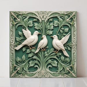 Carreaux de céramique Art nouveau, colombe - Lot de 2 oiseaux, art mural botanique, décoration d'intérieur