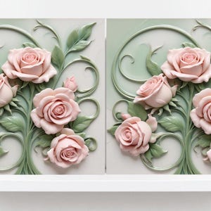 Art Nouveau Tile Rose Flower Ceramic Tiles - Set of 2 Botanical Wall Decor Tiles -Kitchen Backsplash Tiles,Bathroom Tiles, Shower Wall, Sink