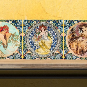 Art Nouveau Set of 3 Ceramic tiles,Ceramic Decor Tiles,Kitchen Backsplash Tiles, Bathroom Tiles, Art Nouveau print, Alphonse Mucha print