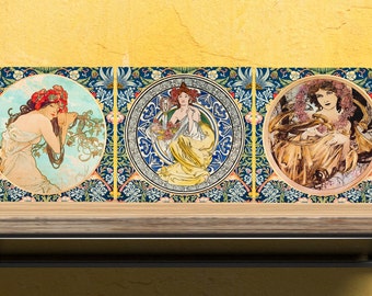 Art Nouveau Set di 3 piastrelle in ceramica,piastrelle per decorazioni in ceramica,piastrelle Backsplash cucina, piastrelle bagno, stampa Art Nouveau, stampa Alphonse Mucha