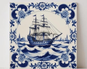 Delft Blue Ship Keramikfliese - Nautische Küchenrückwand, Wandkunst