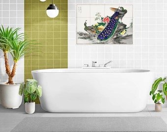 Peacock and Peony Tile Mural: Japanese Ceramic Panel Wall Art