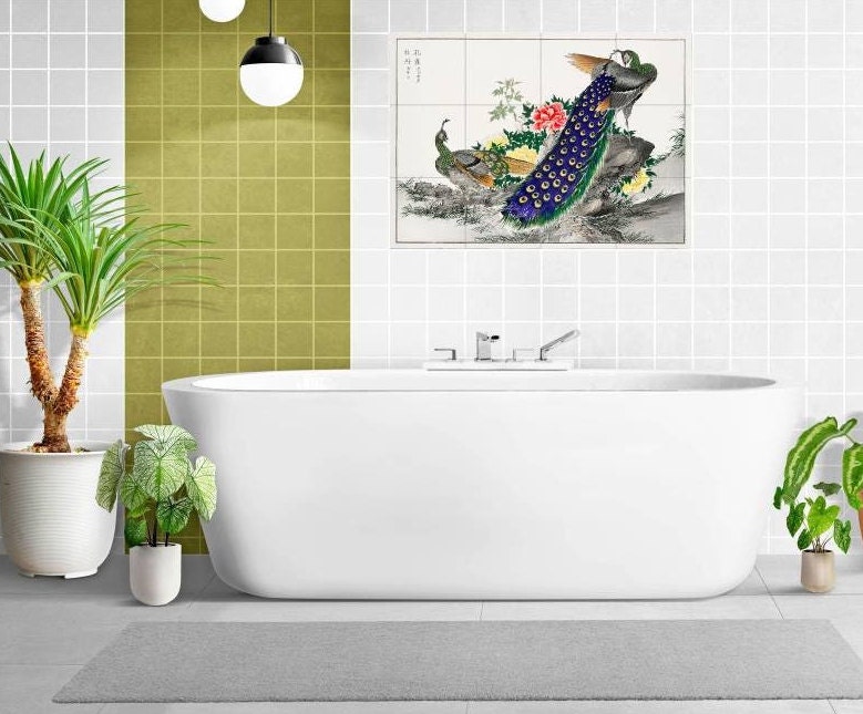 Peacock & Peony Tile Mural Japanese Ceramic Panel Wall Art