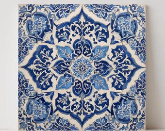 Arabic Blue Arabesque Ceramic Tile – Moroccan Floral Wall Art, Mediterranean Kitchen Backsplash & Bathroom Decor