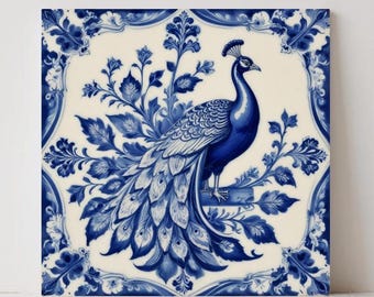 Delft Blue Tile: Ceramic Peacock Bird Wall Art Kitchen Backsplash Bath Decor