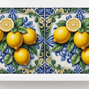 Italian Majolica Lemon Tiles - Set of 2 Mediterranean Wall Decor Tiles -Kitchen Backsplash, Table Decorative,Bathroom, Shower Wall,Fireplace