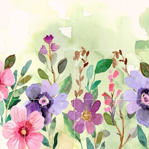 Watercolor Flower Tile Mural: Garden Wall Art, Gloss Ceramic Mosaic