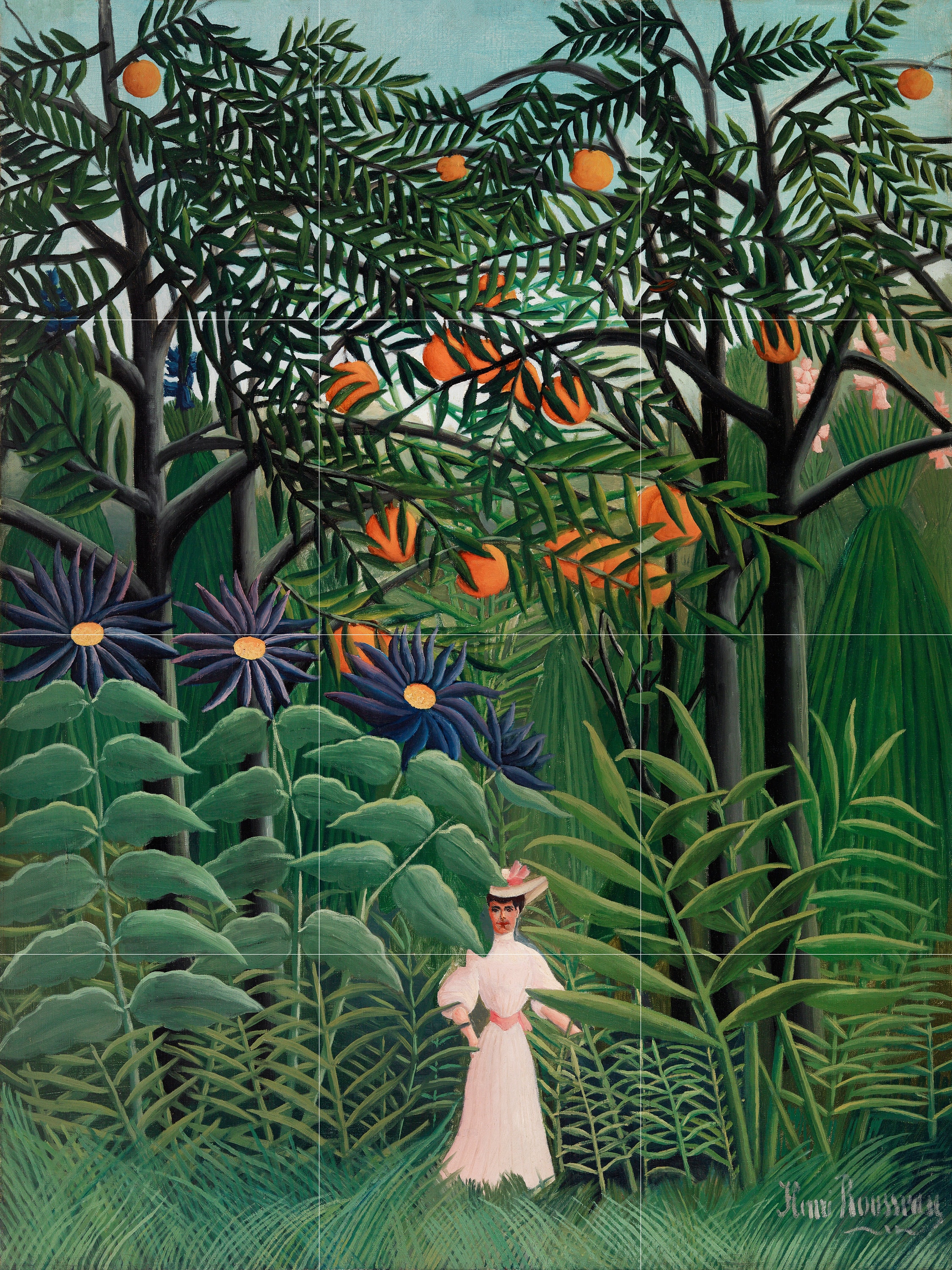 フランスブロカント˚✧⁎サルグミンヌ ❁⃘絵画のように美しい 薔薇のラヴィエꕤ︎︎˚⁎ Henri Rousseau Ceramic Tile Mural: Tropical Exotic Forest Wall Art