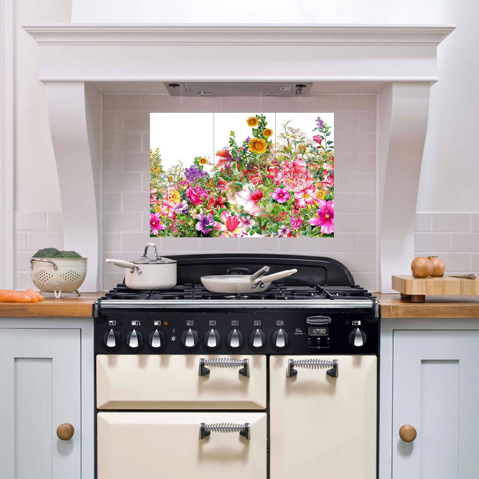 Watercolor Flower Tile Mural Glossy Ceramic Garden Landscape
