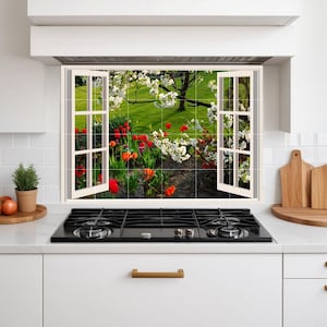 Mural de azulejos para ventana con jardín floral: decoración floral para salpicadero de baño con vistas botánicas