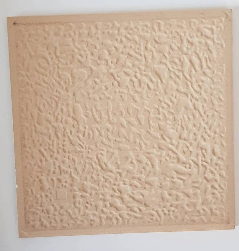 Puede incluir: Primer plano de una baldosa texturizada beige con un patr&oacute;n en relieve. La baldosa tiene una superficie ligeramente rugosa.