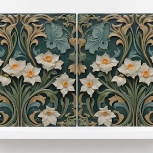 Daffodil Tile Green Art Nouveau Tiles -  Set of 2 - Flower Botanical Art Print Ceramic Tiles - Kitchen Backsplash, Bathroom,Sink Splashback