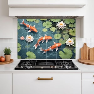 Koi Fish Tile Mural – Japanese Lotus Wall Art for Bathroom Kitchen Botanical Zen Decor