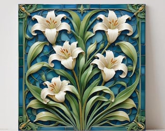 Art Nouveau Lily Flower Ceramic Tiles - Botanical Floral Wall Art Set of 2