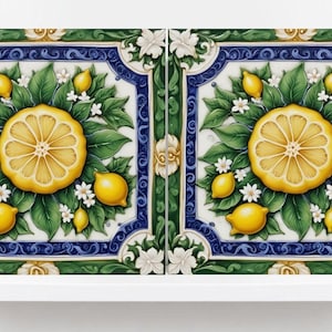 Italian Majolica Lemon Fruit Tiles - Set of 2 Mediterranean Wall Decor -Kitchen Backsplash,Bathroom, Shower Wall,Fireplace,Sink Splashback