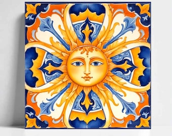Italian Majolica Sun Tiles: Mediterranean Ceramic Wall Decor, Set of 2