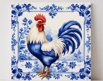 Azulejo de gallo azul de Delft: arte mural de cerámica holandesa con acuarela
