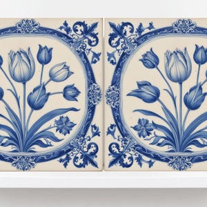 Delft Tulip Tile - Delft Blue Tile - Set of 2 Ceramic Delftware Tiles- Flower Tiles - Delft Prints Wall - Kitchen Backsplash, Sink,Bathroom