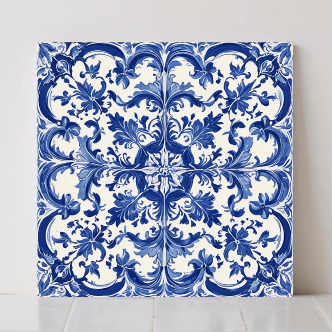 Blue Azulejo Ceramic Tile Portuguese Floral Wall Decor Mediterranean ...