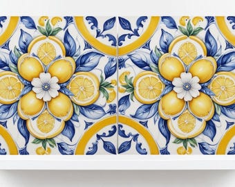 Italian Majolica Lemon Tile Set: Mediterranean Ceramic Flower Wall Art Home Bath Sicilian Decor