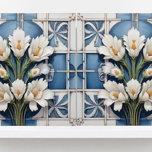 Flower Tiles-Set of 2 Botanical Floral Print Wall Decor Botanical Tiles, Kitchen Backsplash, Bathroom,Shower Wall,Sink Splashback,Fireplace