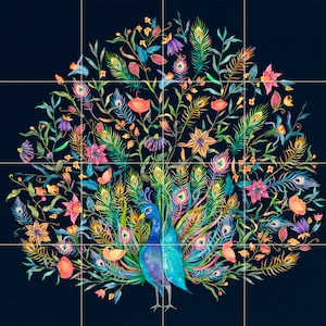 Tile Mural/Mosaic Ceramic Panel of a Peacock and flowers - Peacock Wall Art - Peacock wall print - Tile Mural - Gloss Tiles - Tile Mosaic