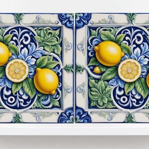 Italian Majolica Lemon Fruit Tiles - Set of 2 Mediterranean Wall Art Decor-Kitchen Backsplash,Bathroom,Shower Wall,Fireplace,Sink Splashback