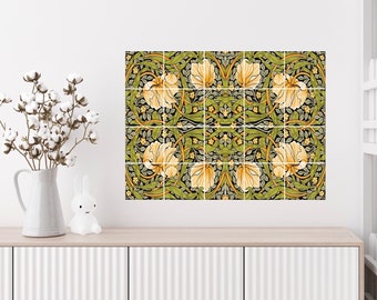Mural de azulejos florales Art Nouveau: Diseño Pimpernel de William Morris