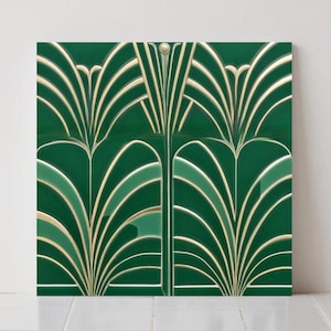 Art Deco Green Ceramic Tile - Geometric Wall Decor, Retro Bathroom Deco Kitchen Backsplash