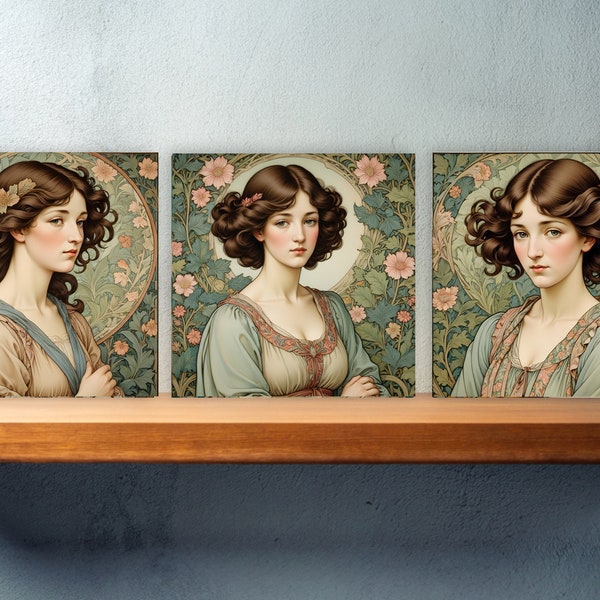 William Morris Style Set of 3 Ceramic tiles,Ceramic Decor Tiles,Backsplash Tiles, Bathroom Tiles, Botanical wall art, William Morris print