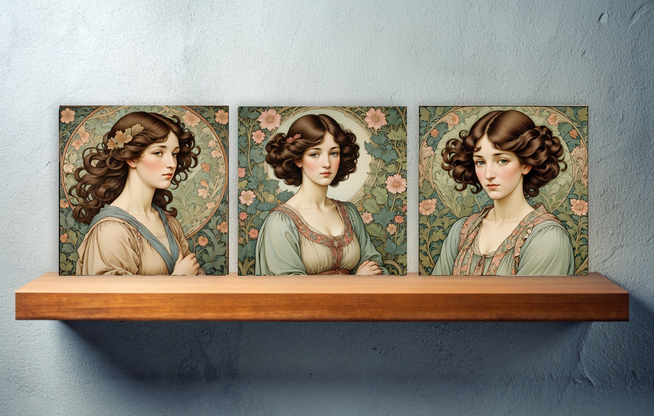 William Morris Style Ceramic Tiles: Botanical Wall Art, Set of 3