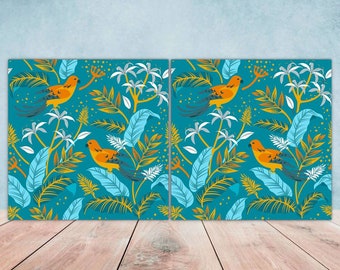 Bird Ceramic Tiles: Floral Botanical Wall Art Decor - Set of 2