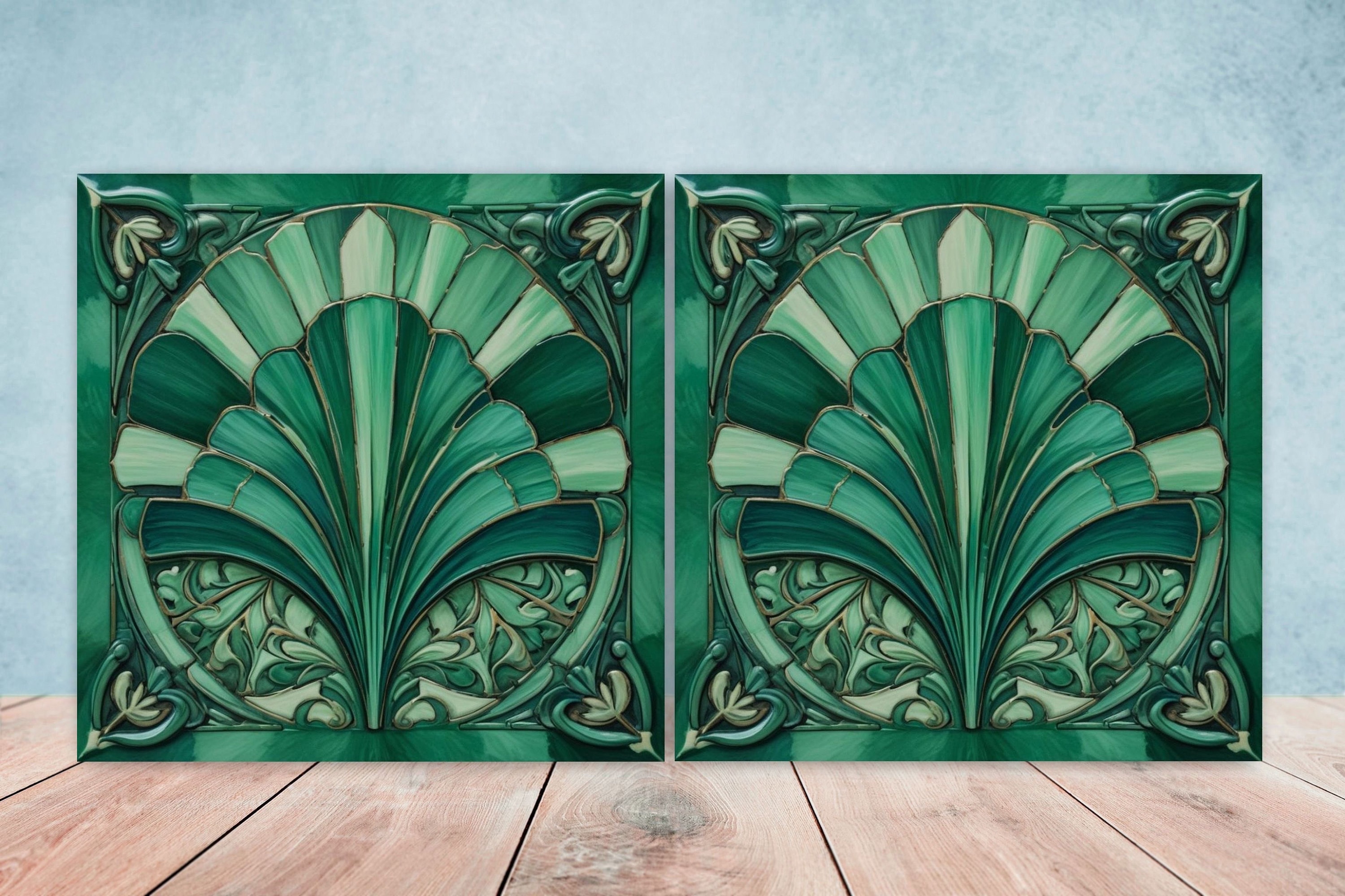 Art Deco Ceramic Tiles Green -Set of 2 Art Deco Wall Decor Geometric Tiles -Kitchen Backsplash Tiles, Shower Wall Tiles, Bathroom Sink Tiles
