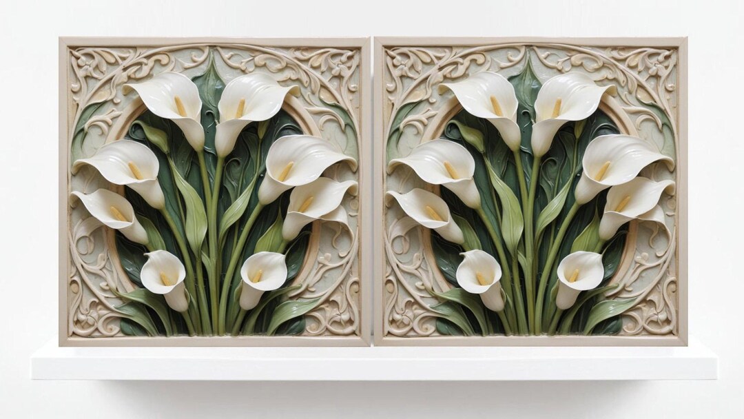 カラーリリーセラミックタイル：アールヌーボー様式の花柄装飾、2枚