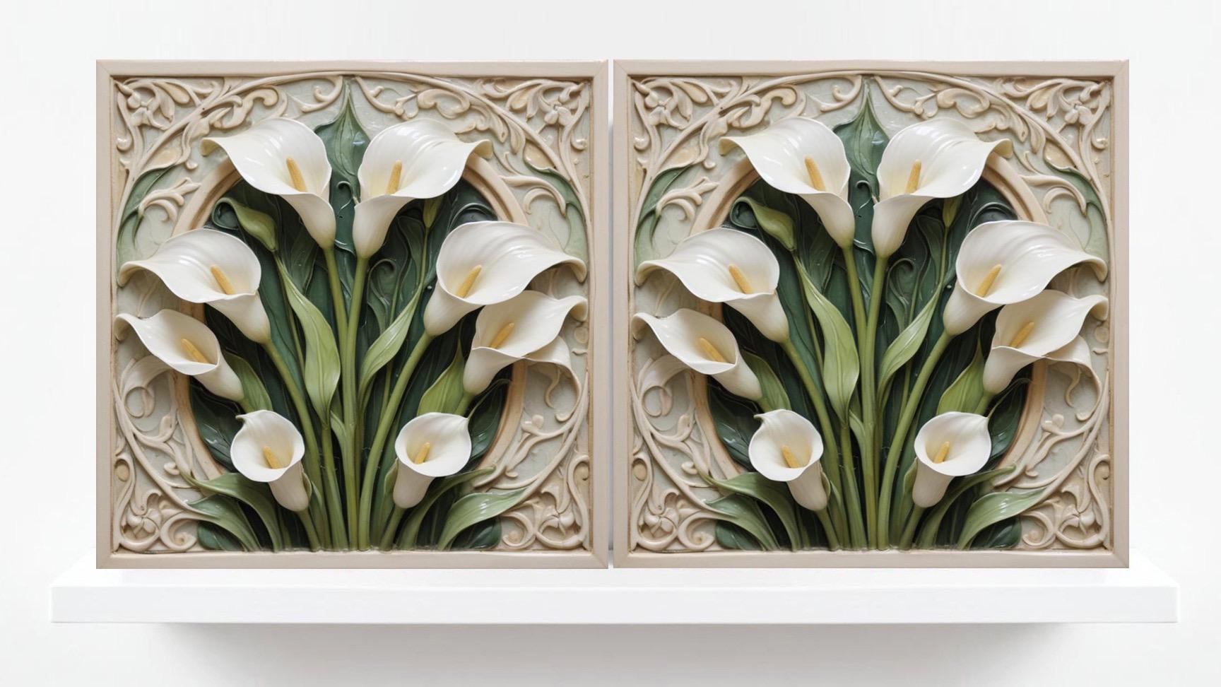 カラーリリーセラミックタイル：アールヌーボー様式の花柄装飾、2枚