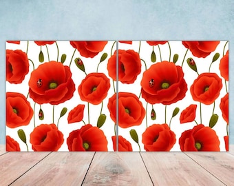 Poppy Flower Ceramic Tiles: Kitchen Backsplash, Table Decor - Set of 2