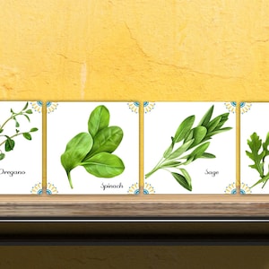 Aromatic herbs print Kitchen Ceramic Tiles - Set of 4 Ceramic Decor Tiles - Kitchen Backsplash Tiles, Bathroom Tiles, Botanical wall art