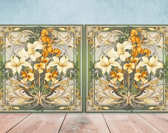 Puede incluir: Dos impresiones de arte cuadradas con marcos verdes, cada una con un diseño floral. El diseño incluye lirios blancos y flores amarillas con hojas y tallos verdes. El fondo es beige claro con un borde dorado y verde.