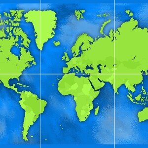 Puede incluir: Ilustraci&oacute;n de un mapa del mundo con continentes verdes sobre un fondo azul. El mapa est&aacute; dividido en una cuadr&iacute;cula, con los continentes claramente delineados. La imagen es una representaci&oacute;n simplificada de la geograf&iacute;a terrestre.