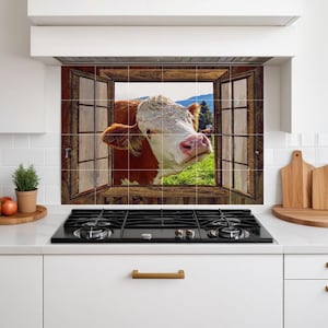 Cow Farmhouse Window Tile Mural – Country Farm Animal Wall Art, Rustic Countryside Decor