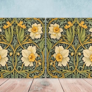 William Morris Inspired Art Nouveau Flower Ceramic tiles - Set of 2 Art Nouveau Wall Decor Tiles - Kitchen Backsplash Tiles, Bathroom Tiles