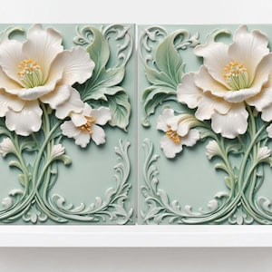 Art Nouveau Tile Rose Flower Ceramic Tiles - Set of 2 Art Nouveau Wall Decor Tiles -Kitchen Backsplash Tiles,Bathroom Tiles, Shower Wall Art