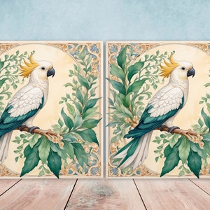 Jugendstil Vogel Keramikfliesen - 2er-Set Kakadu-Papagei-Wandfliesen, Wandfliesen mit tropischen Vögeln, Küchenfliesen für Badezimmer