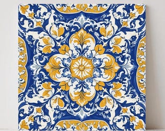 Portuguese Tile – Blue Yellow Azulejo  Watercolor Floral Ceramic Wall Art, Mediterranean Kitchen Backsplash, Bathroom Tile Decor