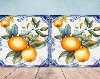 Italian Majolica Lemon Tiles - Set of 2 Italian Wall Decor Tiles - Kitchen Backsplash Tiles, Table Decorative Tiles, Bathroom Tiles, Coaster
