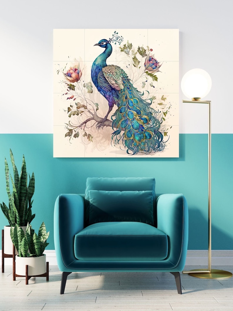 Tile Mural/Mosaic Ceramic Panel of Peacock Bird Wall Art Home Decor Peacock Mural Gloss Tiles Peacock Tile Mosaic Bird Print image 4