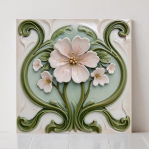 Art Nouveau Floral Ceramic Tiles - Botanical Wall Decor, Set of 2