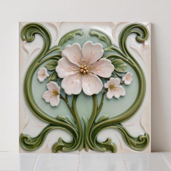 Art Nouveau Floral Ceramic Tile, Vintage Botanical Wall Decor, Flower Backsplash Accent